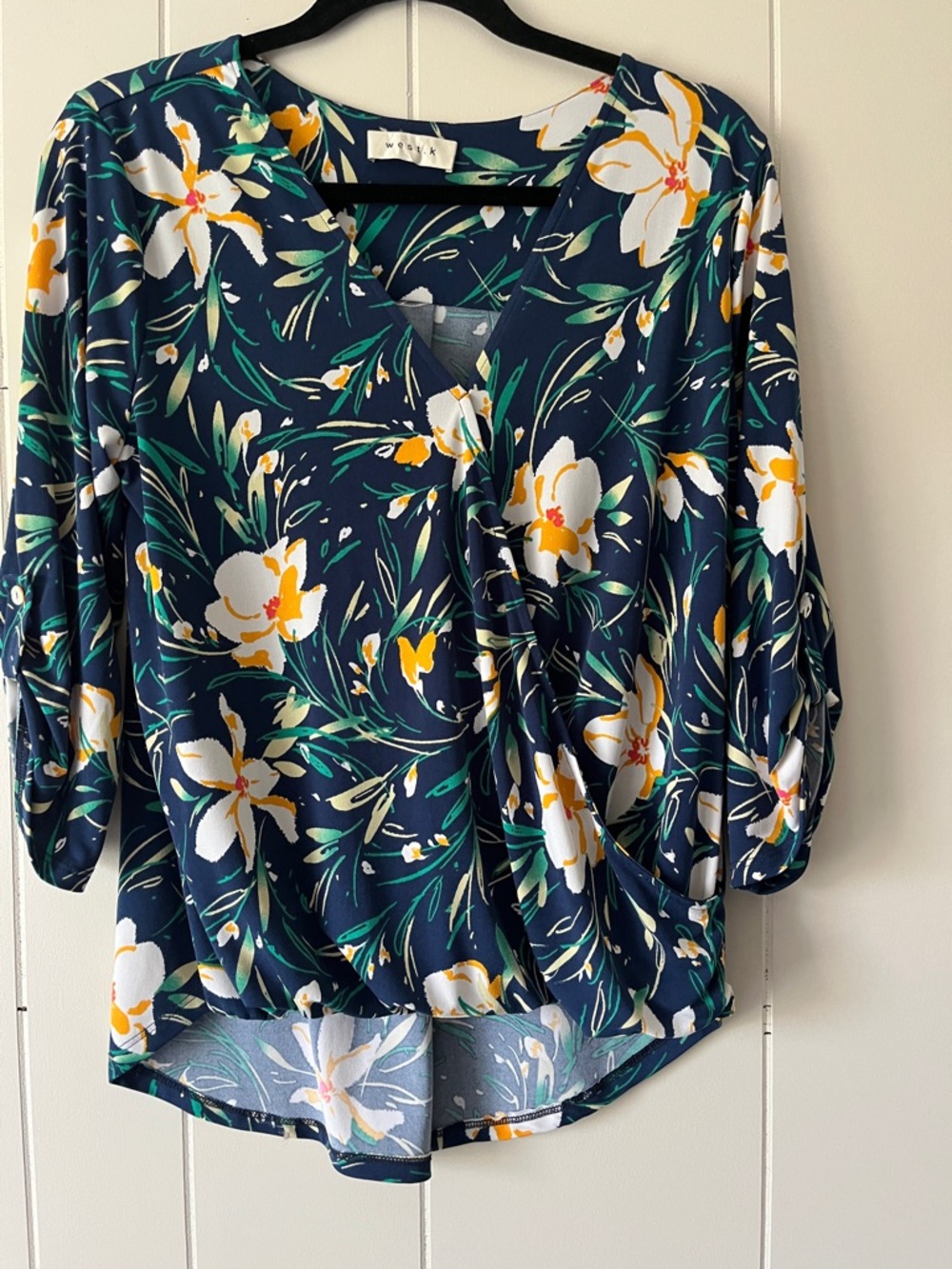 Women’s Floral Wrap Blouse - Navy/White/Yellow